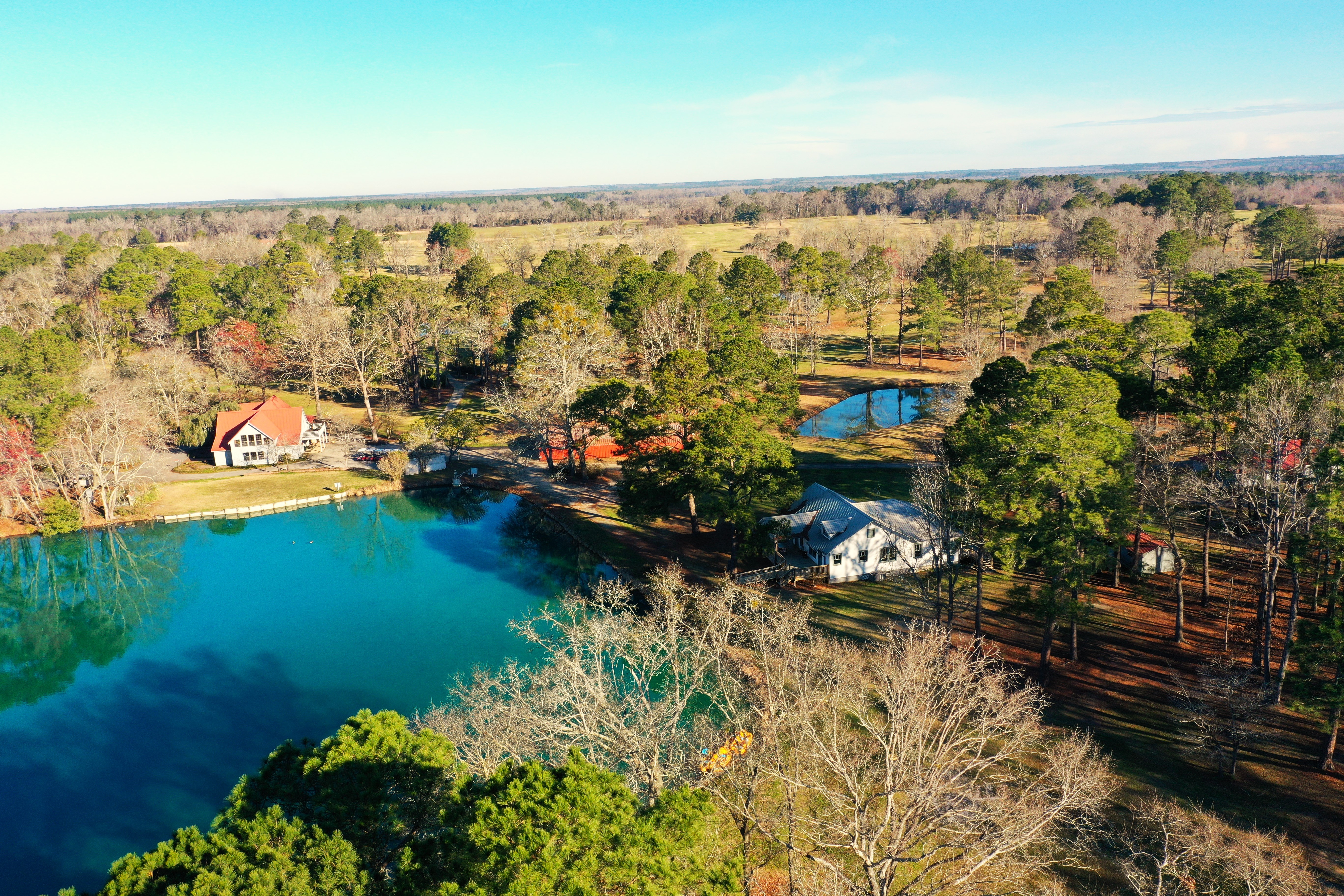 Aerial view of pond on golf course
